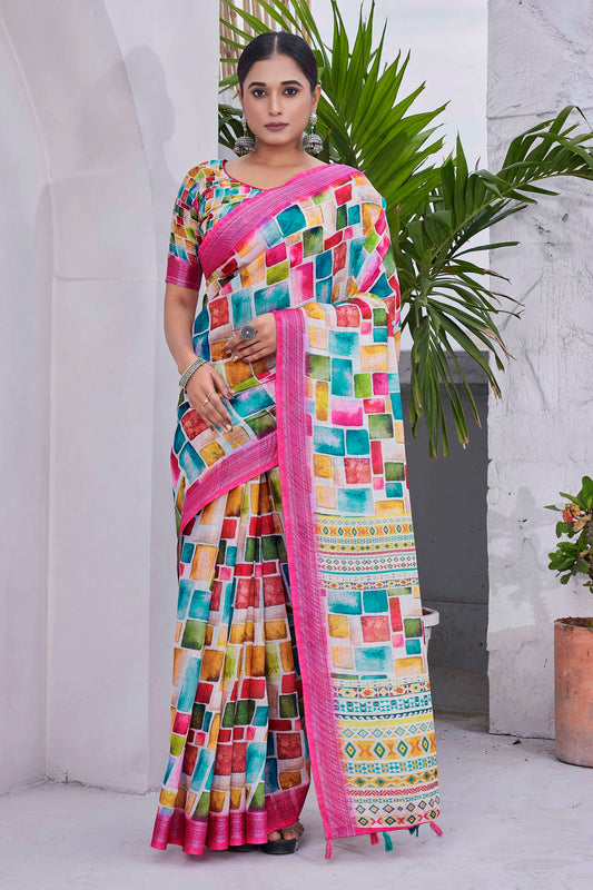 Multy Color Linen Blend Smart Ethnic Saree With Trendy Digital Print Work