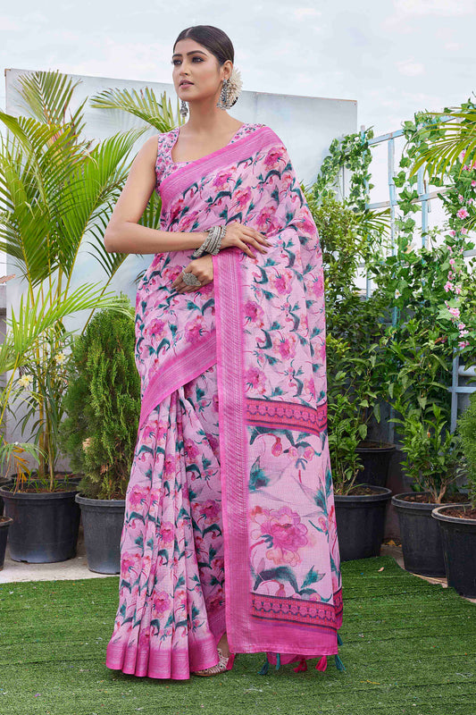 Pink Color Linen Blend Smart Ethnic Saree With Trendy Digital Print Work