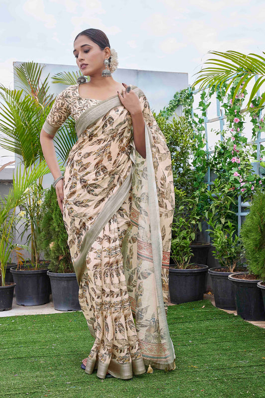 Cream Color Linen Blend Smart Ethnic Saree With Trendy Digital Print Work