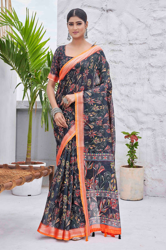 Black Color Linen Blend Smart Ethnic Saree With Trendy Digital Print Work