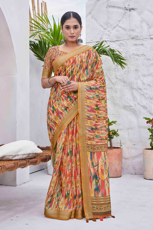 Mustard Color Linen Blend Smart Ethnic Saree With Trendy Digital Print Work