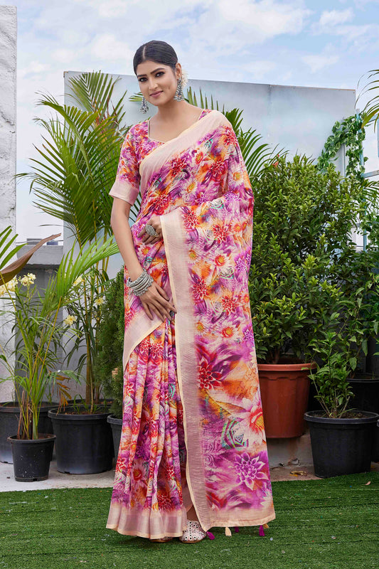 Purple Color Linen Blend Smart Ethnic Saree With Trendy Digital Print Work