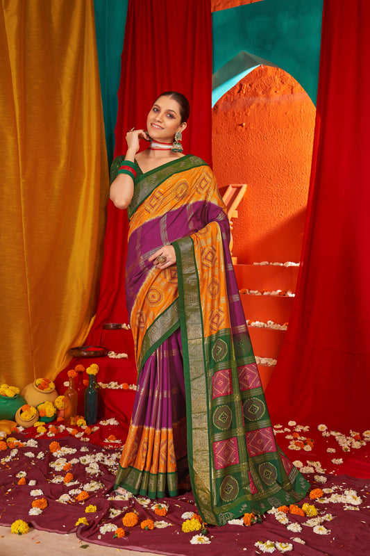 Mustard Purple Tussar Silk Wevon Designer Saree With Glittering Swarovski Work