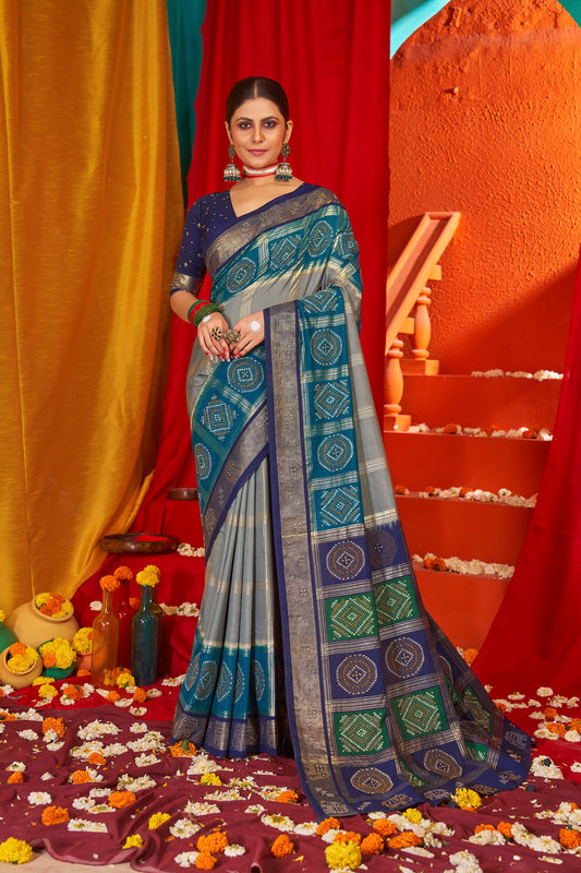 Grey Blue Tussar Silk Wevon Designer Saree With Glittering Swarovski Work