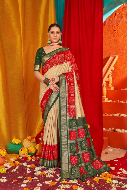 Beige Red Tussar Silk Wevon Designer Saree With Glittering Swarovski Work