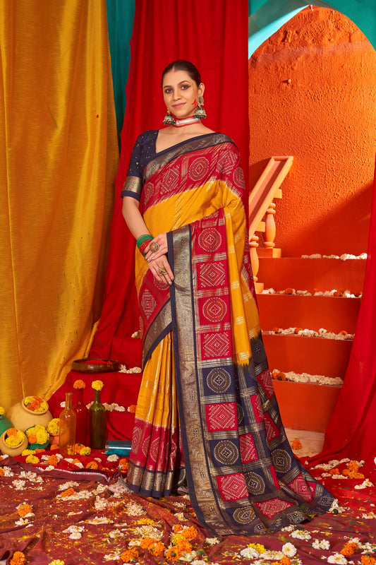 Gold Red Tussar Silk Wevon Designer Saree With Glittering Swarovski Work