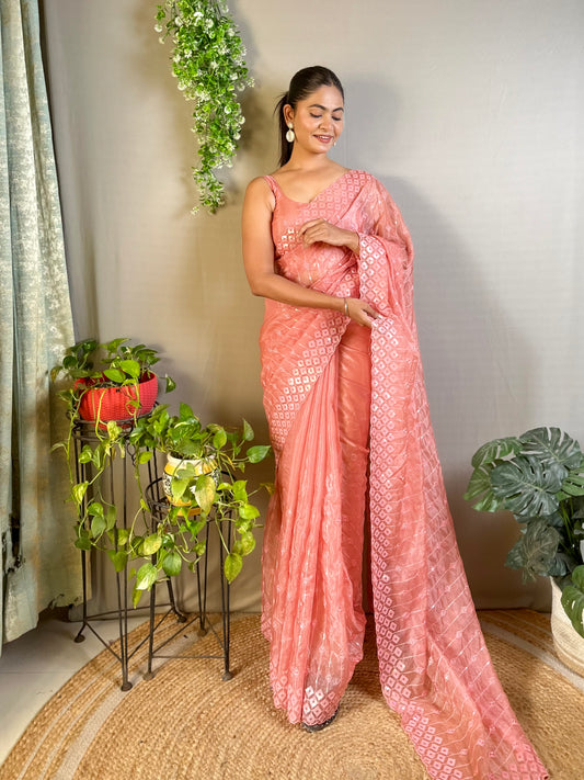 Designer Sequance Embroidery Work Peach Color Crystal Silk Fabric Bollywood Style Partywear Saree