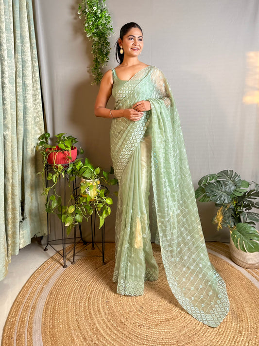 Designer Sequance Embroidery Work Pista Color Crystal Silk Fabric Bollywood Style Partywear Saree