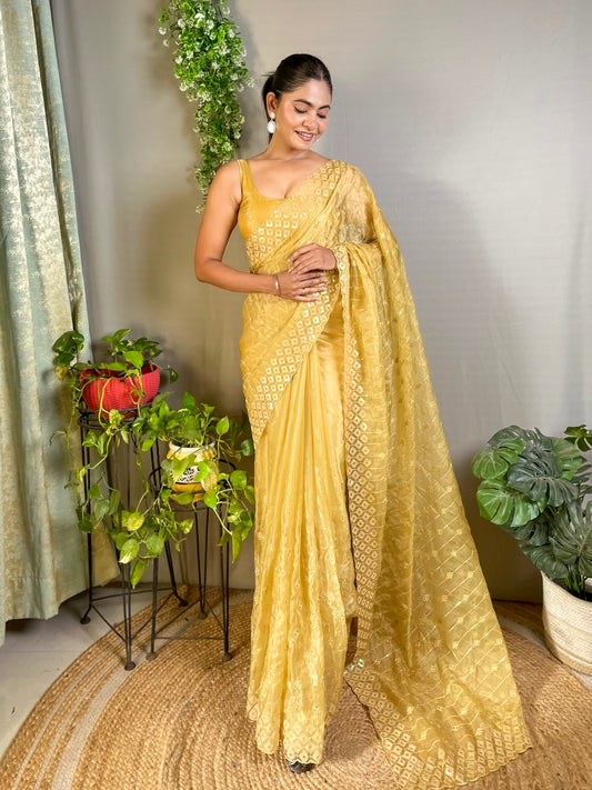 Designer Sequance Embroidery Work Yellow Color Crystal Silk Fabric Bollywood Style Partywear Saree