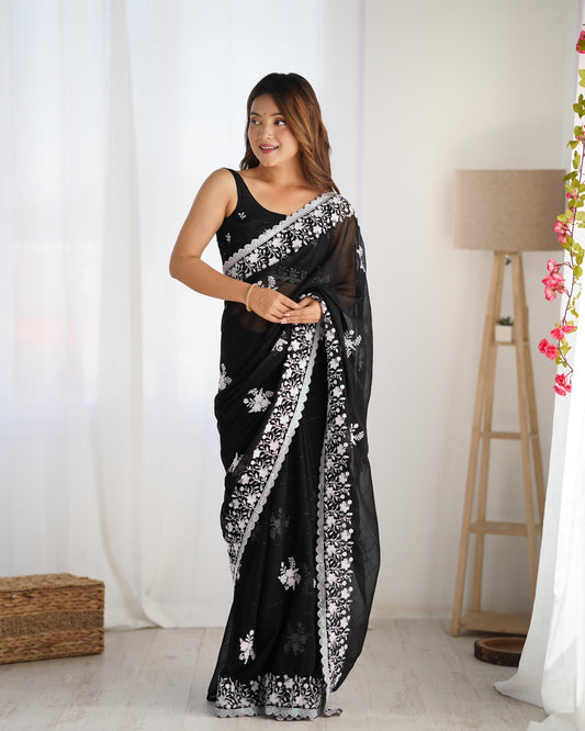 Graceful Black Color Georgette Fabric Thread And Sequins Embroidery Work Saree