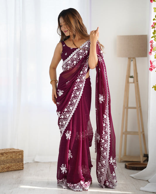 Graceful Wine Color Georgette Fabric Thread And Sequins Embroidery Work Saree