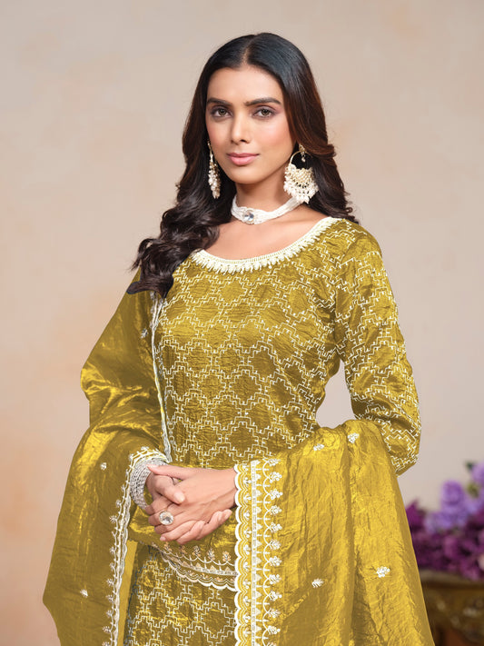 Yellow Color Gold Crush Fabric Designer Embroidery Work Heavy Looks Palazzo Dress