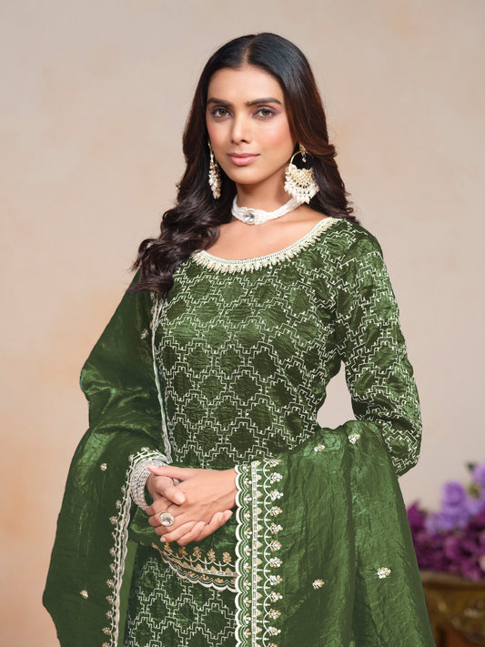 Green Color Gold Crush Fabric Designer Embroidery Work Heavy Looks Palazzo Dress