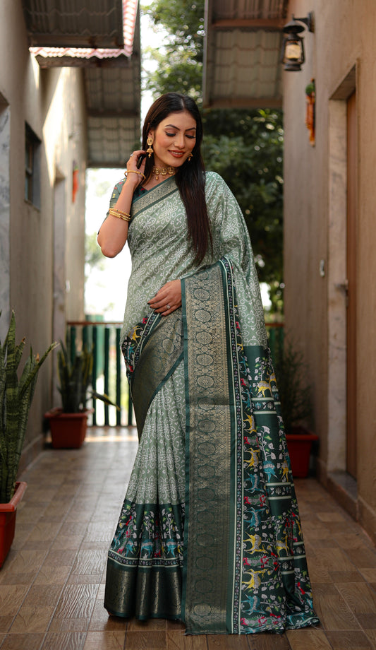 Pista Color Dola Silk Wevon Border Designer Saree With Digital Kalamkari And Bandhej Print