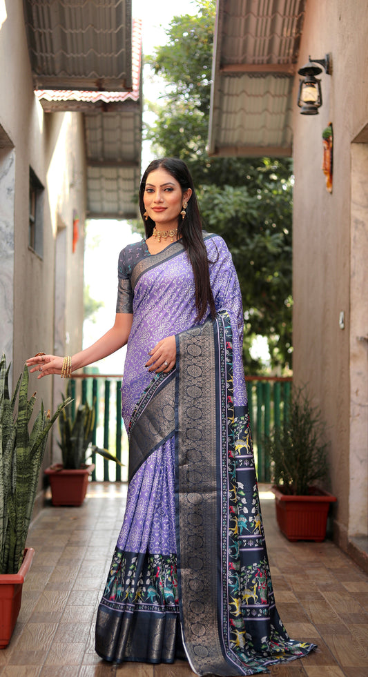 Purple Color Dola Silk Wevon Border Designer Saree With Digital Kalamkari And Bandhej Print