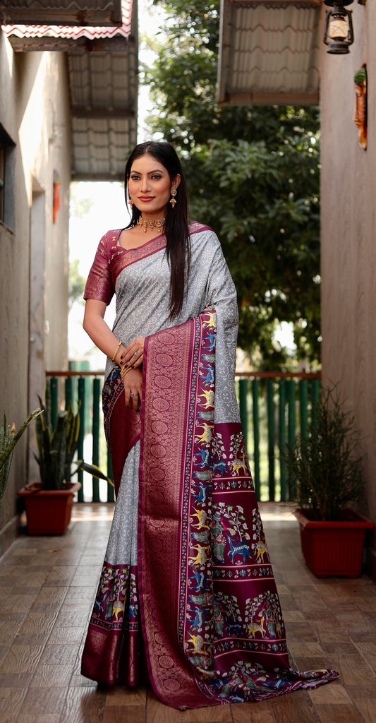 Grey Color Dola Silk Wevon Border Designer Saree With Digital Kalamkari And Bandhej Print