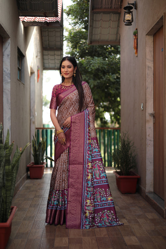 Brown Color Dola Silk Wevon Border Designer Saree With Digital Kalamkari And Bandhej Print