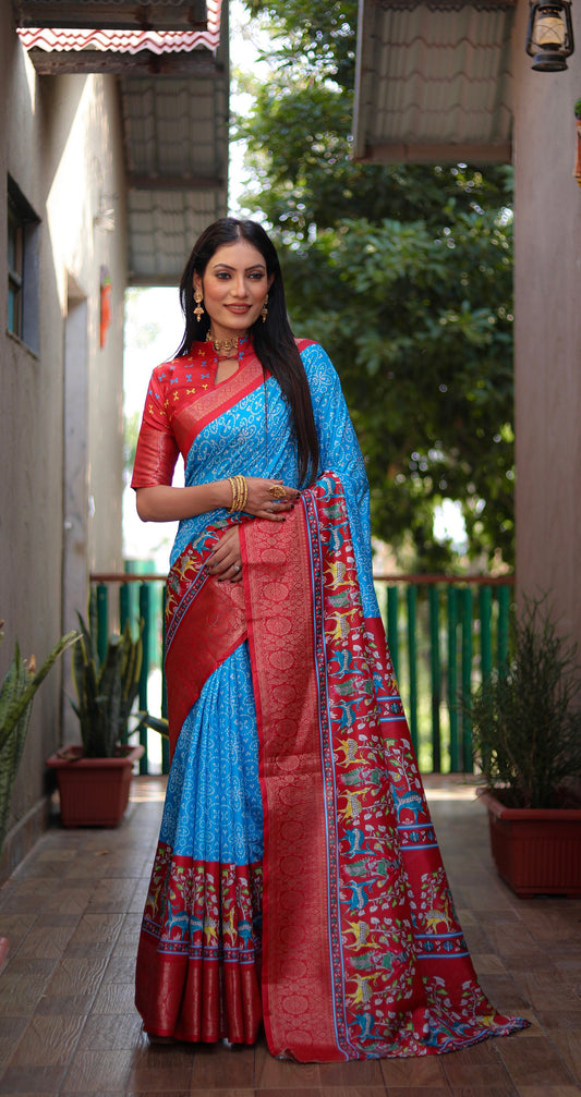 Blue Color Dola Silk Wevon Border Designer Saree With Digital Kalamkari And Bandhej Print