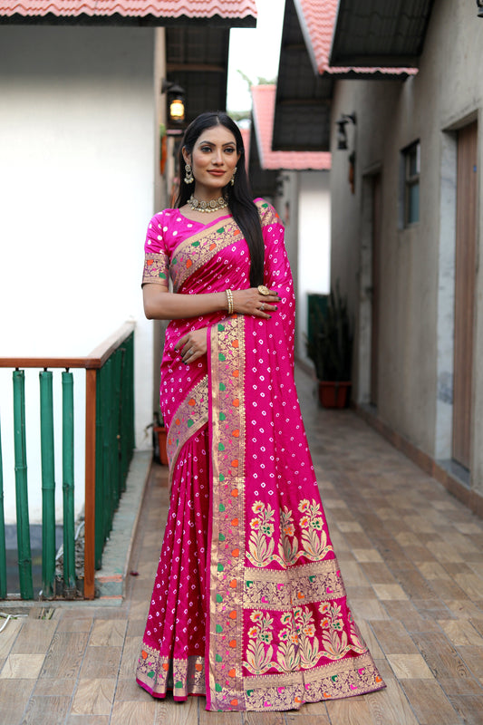 Pink Paithani Silk Wevon Border Pallu Designer Saree With Bandhej Work