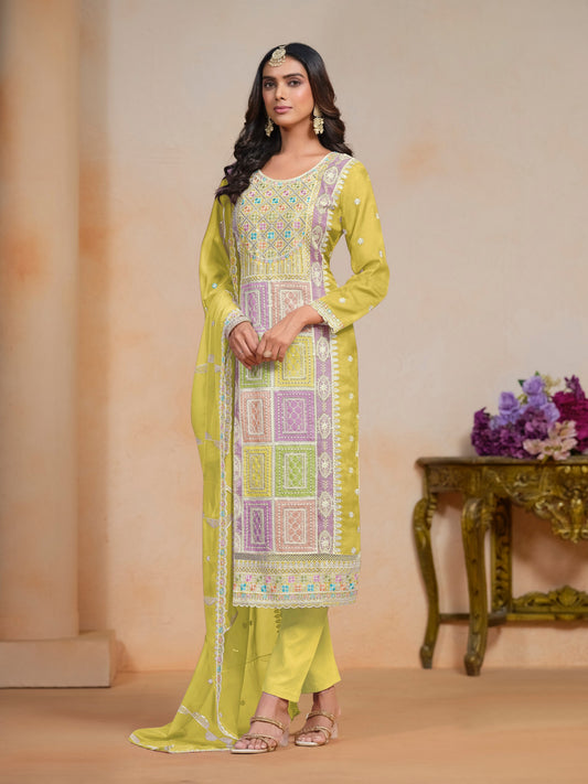 Yellow Color Organza Salwar Kameez With Designer Embroidery Work