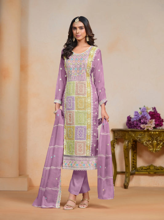 Purple Color Organza Salwar Kameez With Designer Embroidery Work