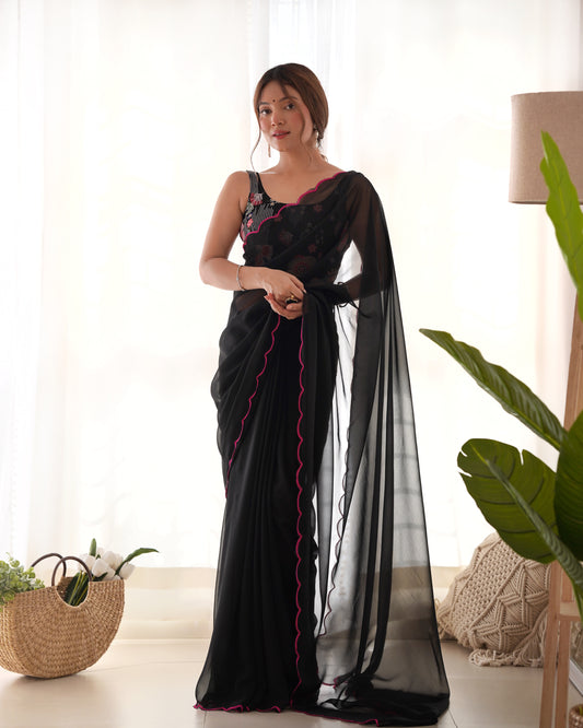 Black Color Solid Plain Georgette Saree With Graceful Embroidered Blouse