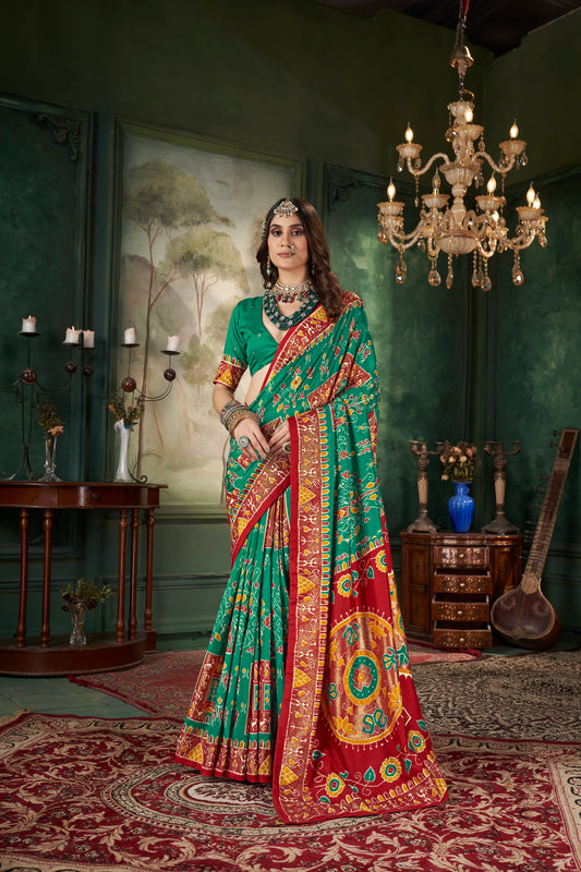 Sea Green Tussar Silk Wevon Designer With Ikkat Printed Traditional Saree