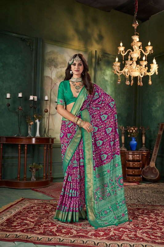 Purple Tussar Silk Wevon Designer With Ikkat Printed Traditional Saree