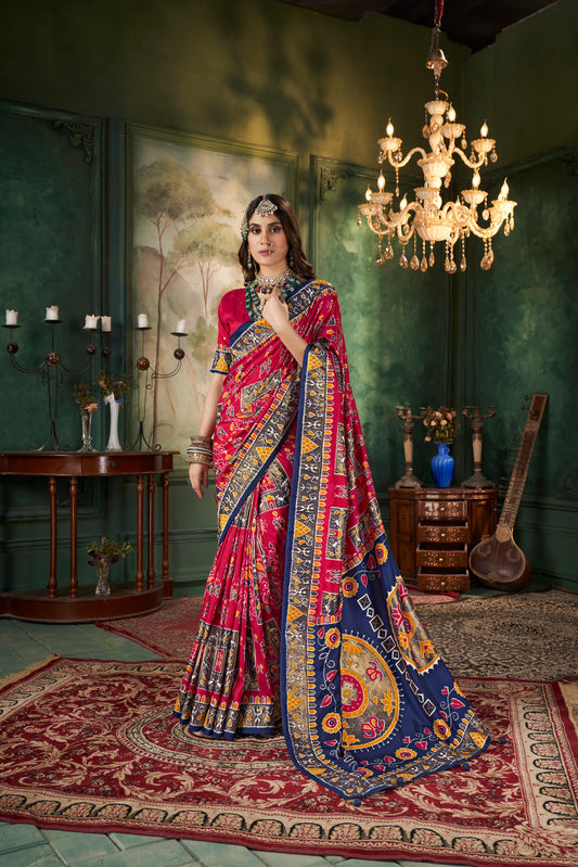 Lipstick Red Tussar Silk Wevon Designer With Ikkat Printed Traditional Saree