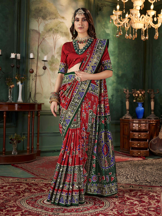 Maroon Tussar Silk Wevon Designer With Ikkat Printed Traditional Saree