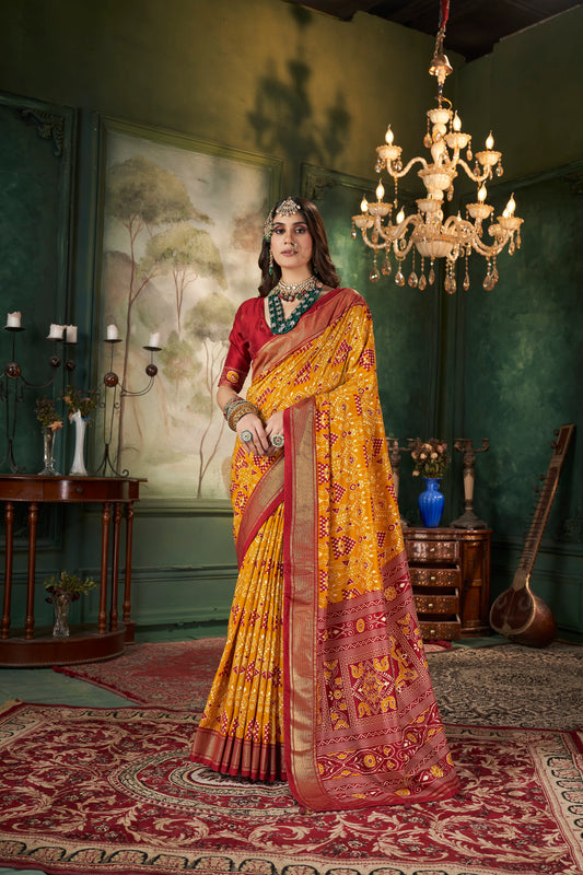 Mustard Tussar Silk Wevon Designer With Ikkat Printed Traditional Saree