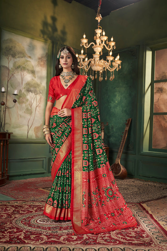 Pine Green Tussar Silk Wevon Designer With Ikkat Printed Traditional Saree