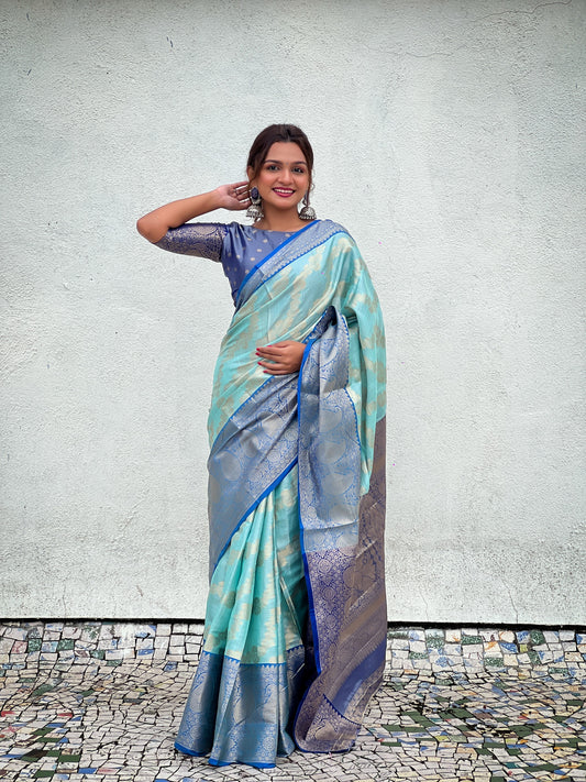 Sky Blue Color Tissue Silk Weaving Jari Designer Traditional Saree