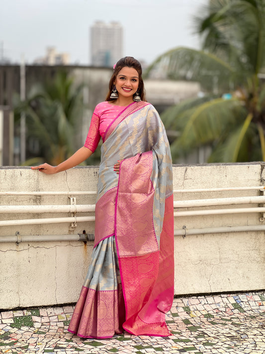 Grey Color Tissue Silk Weaving Jari Designer Traditional Saree