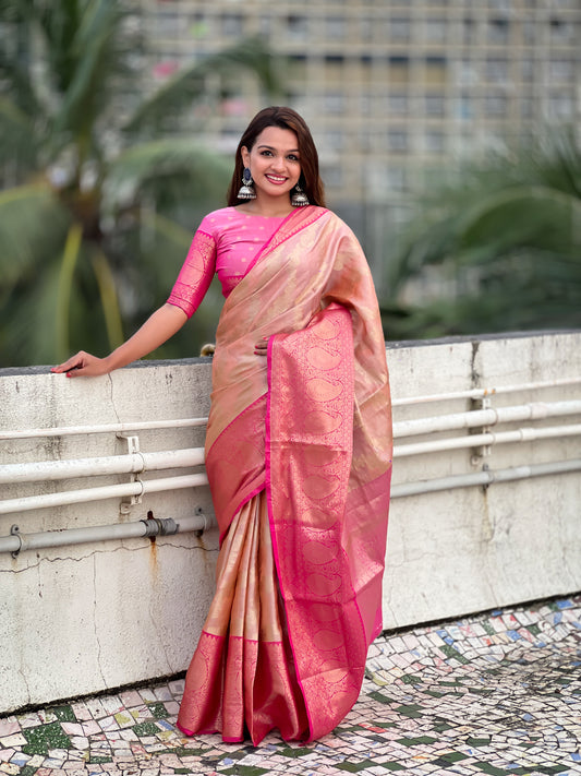 Peach Color Tissue Silk Weaving Jari Designer Traditional Saree