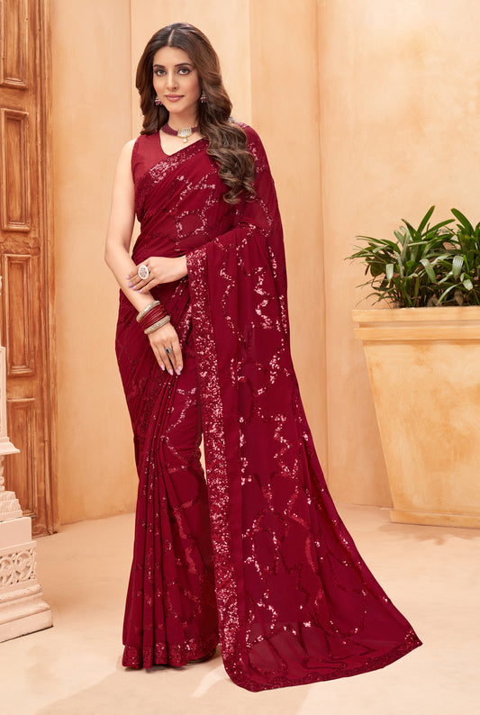 Maroon Color Georgette Fabric Glamorous Sequins Work Saree