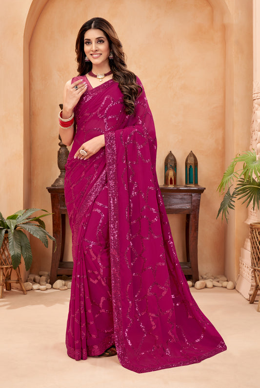 Pink Color Georgette Fabric Glamorous Sequins Work Saree