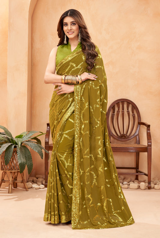 Green Color Georgette Fabric Glamorous Sequins Work Saree