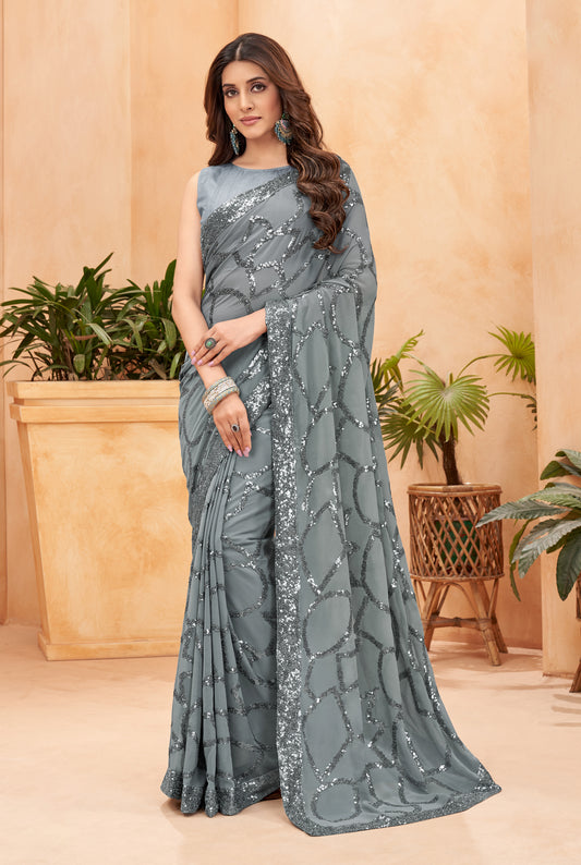 Grey Color Georgette Fabric Glamorous Sequins Work Saree