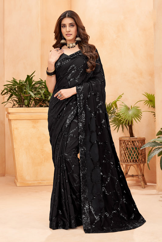 Black Color Georgette Fabric Glamorous Sequins Work Saree