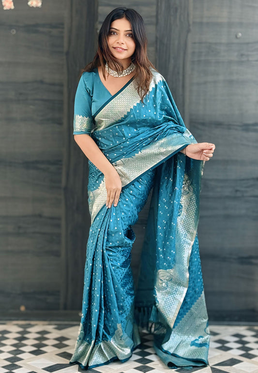 Blue Color Banarasi Silk Wevon Jari Designer Traditional Rich Indian Traditional Saree