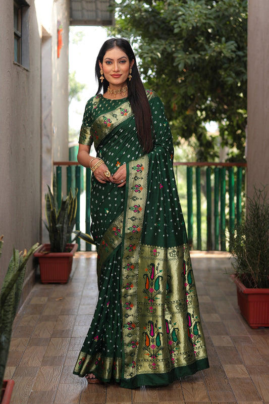 Green Dola Silk Wevon Paithani Designer Saree With Festive Bandhej Print