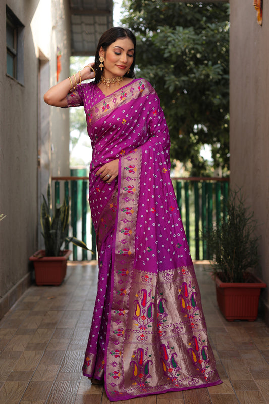 Purple Dola Silk Wevon Paithani Designer Saree With Festive Bandhej Print