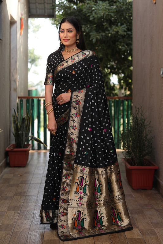 Black Dola Silk Wevon Paithani Designer Saree With Festive Bandhej Print