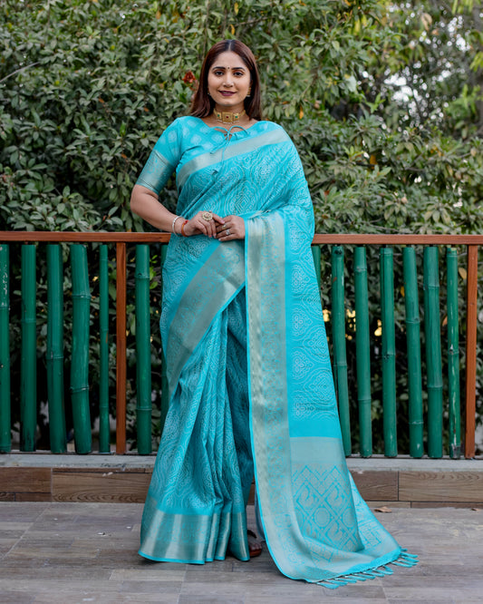 Sea Green Dola Silk Wevon Pallu Border Designer Saree With Digital Print