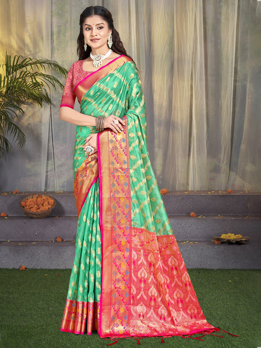 Sea Green Color Graceful Silk Fabric Saree With Wevon Jacquard Designer