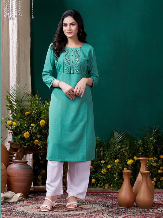 Sea Green Color Formal Looking Kurti With Maaza Cotton Hand Work With Pocket