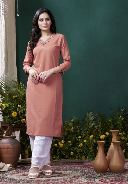 Orange Color Formal Looking Kurti With Maaza Cotton Hand Work With Pocket