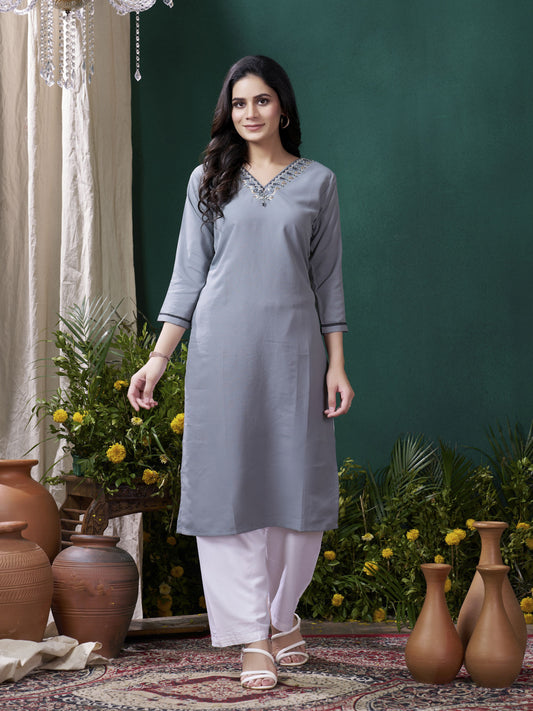 Grey Color Formal Looking Kurti With Maaza Cotton Hand Work With Pocket