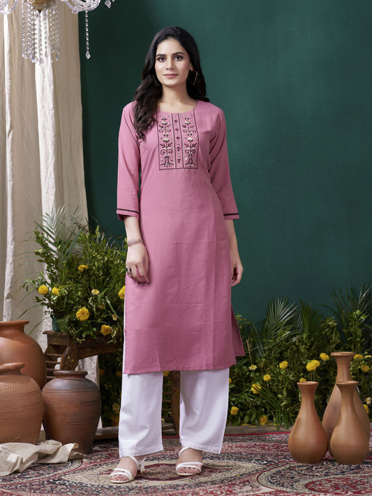 Pink Color Formal Looking Kurti With Maaza Cotton Hand Work With Pocket